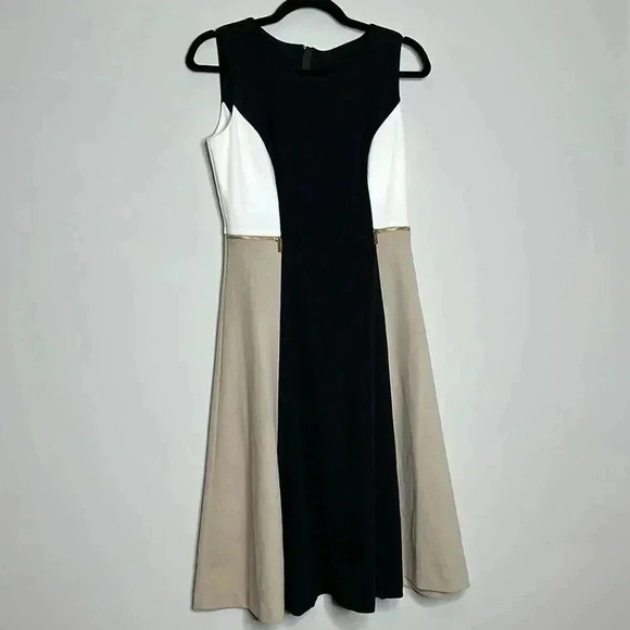 Color Block Dress Tan Black and White 
17 Pit to Pit
14’ Waist 
About 38 length - Picture 4 of 9